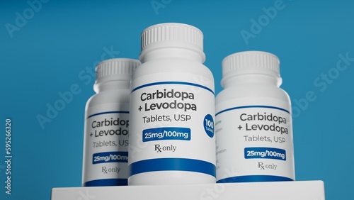 Carbidopa and levodopa tablets used for treatment of Parkinson’s disease. 3D illustration.