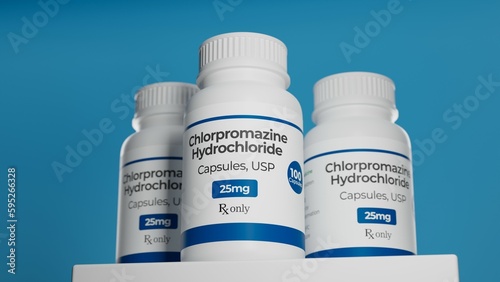 Chlorpromazine hydrochloride capsules in bottle. Antipsychotic medication. 3D illustration.