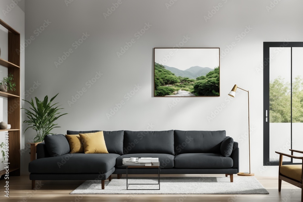 Interior mockup with picture frame on a Wall. Living room in pastel colors with sofa and painting on a wall 3D render. Interior mockup with picture frame on a Wall. Living room in pastel colors with sofa and painting on a wall 3D render.