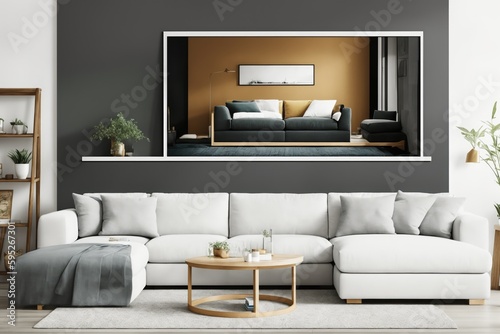  Interior mockup with picture frame on a Wall. Living room in pastel colors with sofa and painting on a wall 3D render.