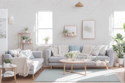  Interior mockup with picture frame on a Wall. Living room in pastel colors with sofa and painting on a wall 3D render. © Viktor