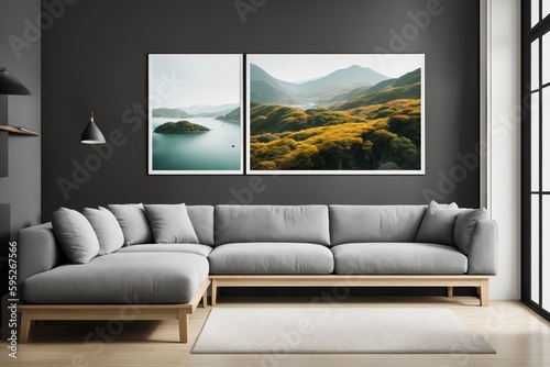 Interior mockup with picture frame on a Wall. Living room in pastel colors with sofa and painting on a wall 3D render.