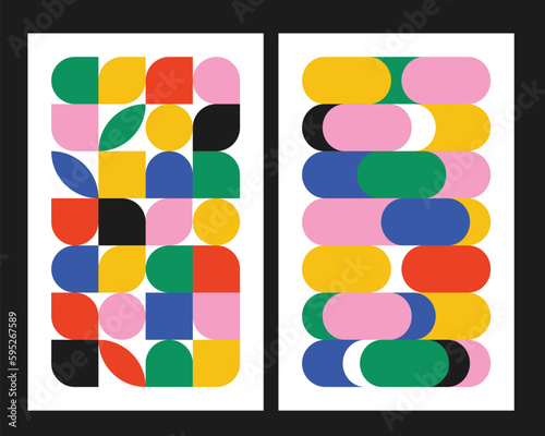 Brutalism shapes bauhaus prints. Set of Creative geometric art poster. Memphis and hipster style. Modern minimal swiss poster layout. Cover or wallpaper. Abstract circle square shapes. Vector flat set