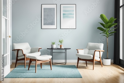 Living room Interior mockup with picture frame on a Wall. Room design with sofa and painting on a wall 3D render.