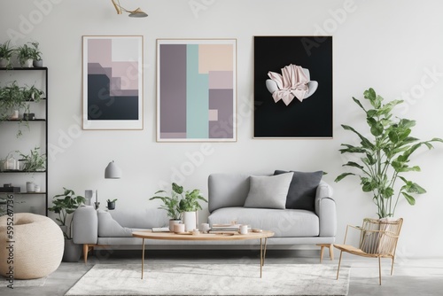 Living room Interior mockup with picture frame on a Wall. Room design with sofa and painting on a wall 3D render.