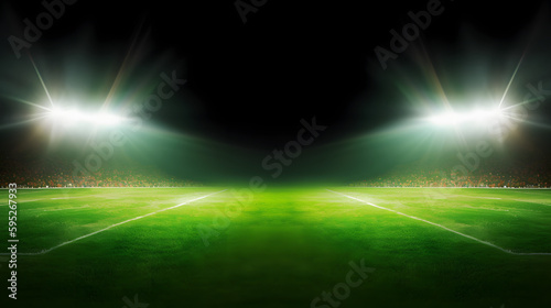 Green soccer field  bright spotlights