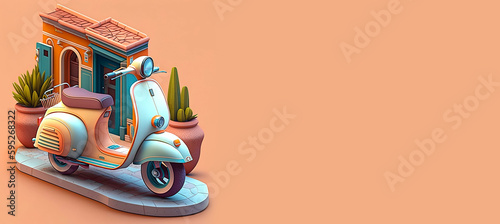 Banner of 3D design of turquoise italian scooter over light orange background. Generative AI.