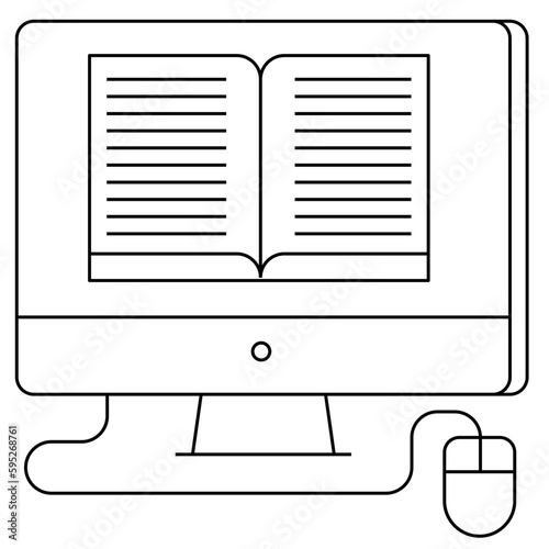 Lesson online and studying from home. A book in computer.Concept vector illustration.