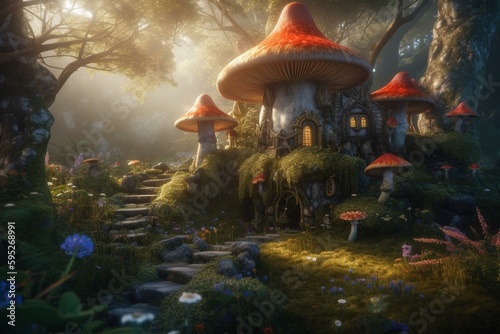 Enchanting elven abode surrounded by fantastical toadstools, flowers and luminous woodland, a wonderland. Generative AI