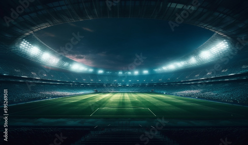 Soccer stadium with bleachers and no fans at night. Empty soccer field illuminated by bright spotlights. Generative Al