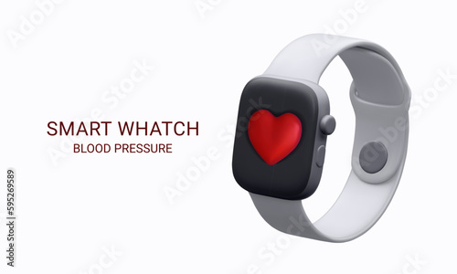 Blood pressure concept. 3D render wireless smart watch with red heart. Arterial pressure measuring or checking apps. Vector realistic 3 D illustration.