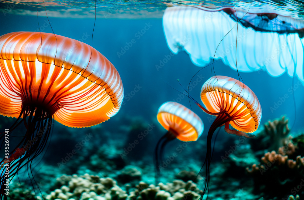 orange jellyfish swimming in the blue water of the ocean. Generative AI. orange jellyfish swimming in the blue water of the ocean. Generative AI.