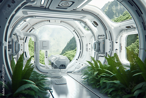 Generative ai illustration of a sci-fi futuristic interior design with windows