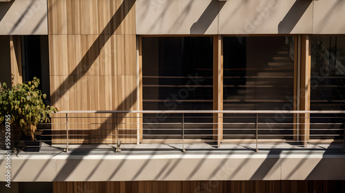Up close photo of sleek and modern solar panels on a balcony, in a modular sustainable hilltop building, made of light wood, design is using natural materials. photo
