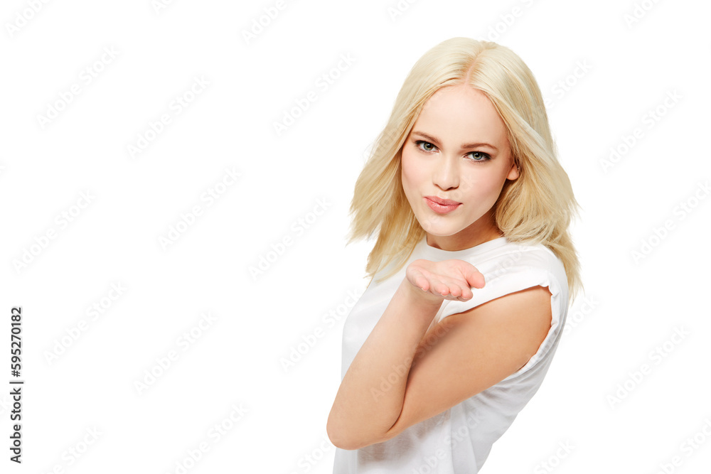 Portrait, blowing kiss and face of woman with romantic gesture for Valentines Day date, love and support care. Beauty, romance and flirting female model isolated on a transparent, png background Portrait, blowing kiss and face of woman with romantic gesture for Valentines Day date, love and support care. Beauty, romance and flirting female model isolated on a transparent, png background