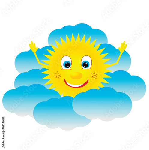 The happy sun peeks out from behind the clouds. Illustration