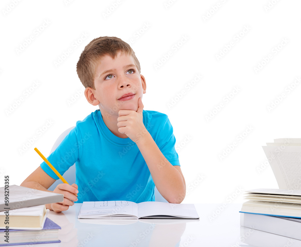Education, thinking and notebook with boy on png for learning, knowledge or study. Homework, school and assessment with young student and idea isolated on transparent background for child development