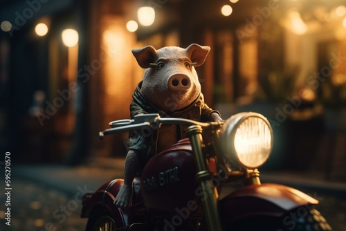 Amusing pig on motorbike w/ blurry city street light background. Generative AI © Joseph