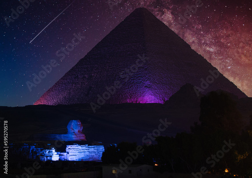 The Keops pyramid and Giza's sphinx at night with the Milky Way in the sky photo