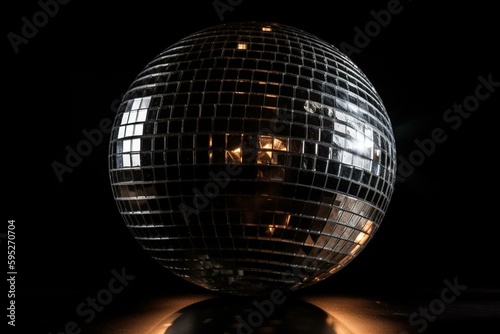 Reflective disco ball on black background. Generative AI