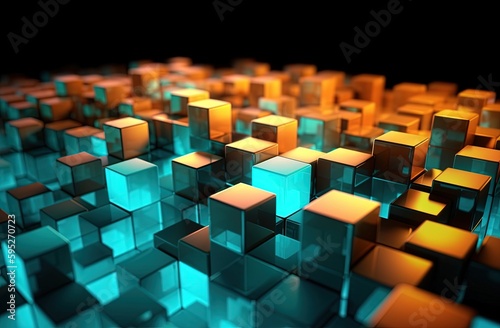 bright orange lights and blocks in a dark space, in the style of eroded surfaces