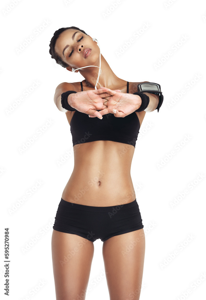 Workout, body and girl stretching hands with phone, earphones and music for fitness motivation. Health, exercise warm up and sports model with smartphone app isolated on transparent png background. Workout, body and girl stretching hands with phone, earphones and music for fitness motivation. Health, exercise warm up and sports model with smartphone app isolated on transparent png background.