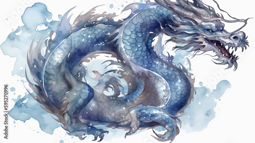 Watercolor Chinese Blue Dragon On A Transparent Background, Generative Ai