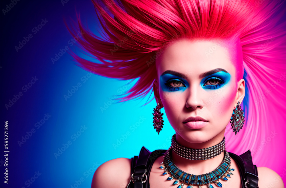 Young woman with bright appearance. Portrait of fashionable female with vivid image, style. Generative AI. Young woman with bright appearance. Portrait of fashionable female with vivid image, style. Generative AI.