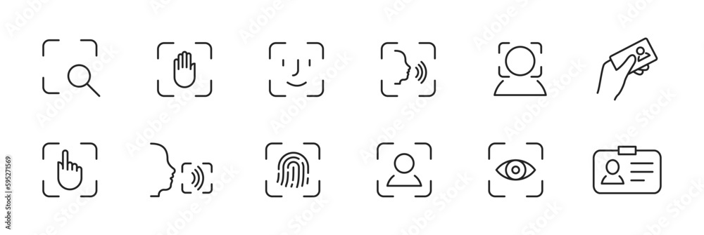 Scan icon set. Face, voice, eye, fingerprint recognition thin line icons. Touch id, face id, voice id, security symbol. Document identification. Vector EPS 10 - obrazy, fototapety, plakaty 