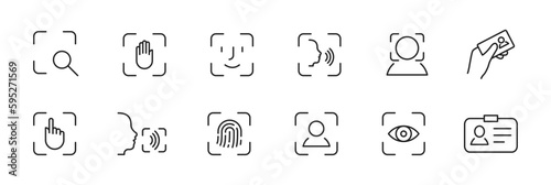 Scan icon set. Face, voice, eye, fingerprint recognition thin line icons. Touch id, face id, voice id, security symbol. Document identification. Vector EPS 10