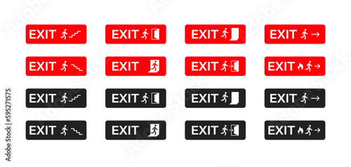 Emergency exit icon set with human figure, doors, stairs and arrows. Vector EPS 10