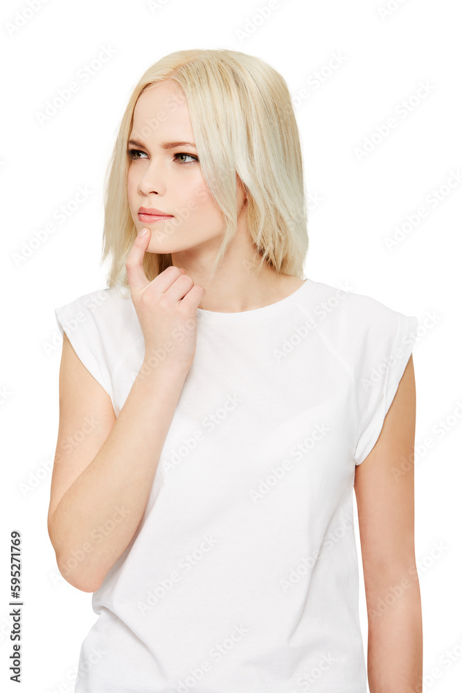 Thinking, idea and woman with question, doubt and person contemplating ideas, planning or problem solving solution. Brainstorming, plan and female model isolated on a transparent, png background Thinking, idea and woman with question, doubt and person contemplating ideas, planning or problem solving solution. Brainstorming, plan and female model isolated on a transparent, png background