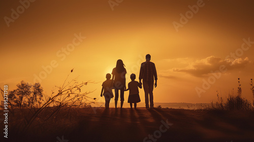 Happy Family Day, Family Concept At Sunset Background, Generative Ai