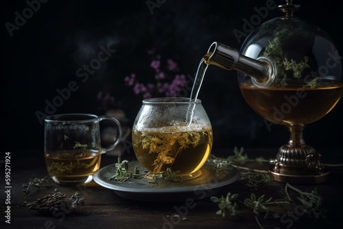 Herbal tea served in teapot and cup on dark background. Generative AI