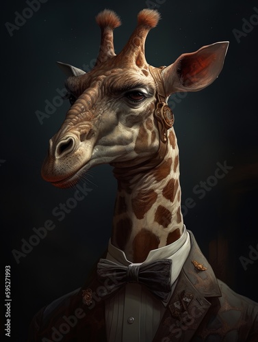 Portrait of a long neck Giraffe with a brown bowtie and jacket. Generative AI  © Azlan Art 
