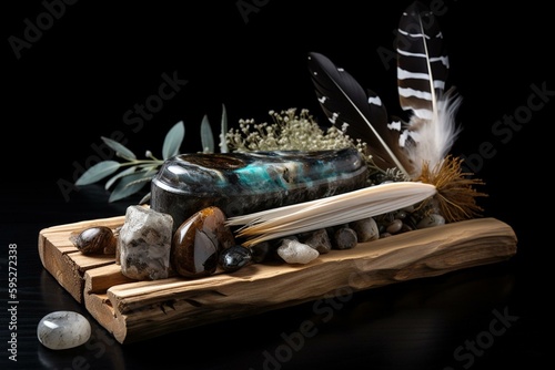 Spiritual kit with natural elements to balance the soul: palo santo, white sage, feather, crystals, abalone on black background. Generative AI photo