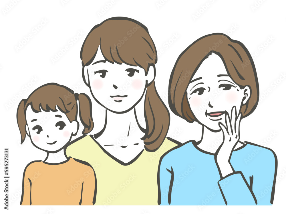 笑顔が素敵な三世代の母娘の上半身イラスト 笑顔が素敵な三世代の母娘の上半身イラスト