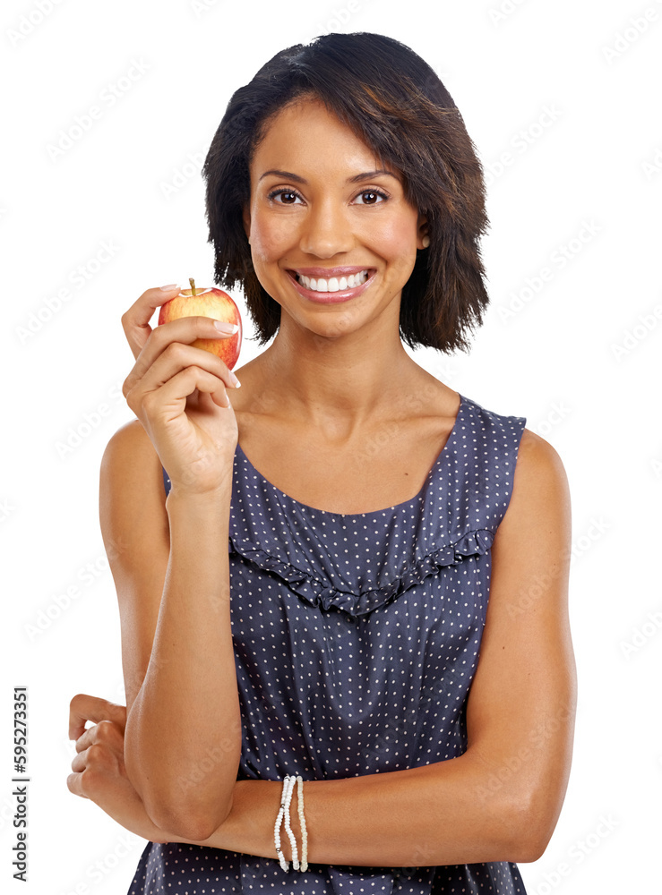 Apple, portrait and woman smile for nutrition fruit product, health wellness lifestyle and organic vegan food. Self care, healthy living and hungry person isolated on a transparent, png background Apple, portrait and woman smile for nutrition fruit product, health wellness lifestyle and organic vegan food. Self care, healthy living and hungry person isolated on a transparent, png background