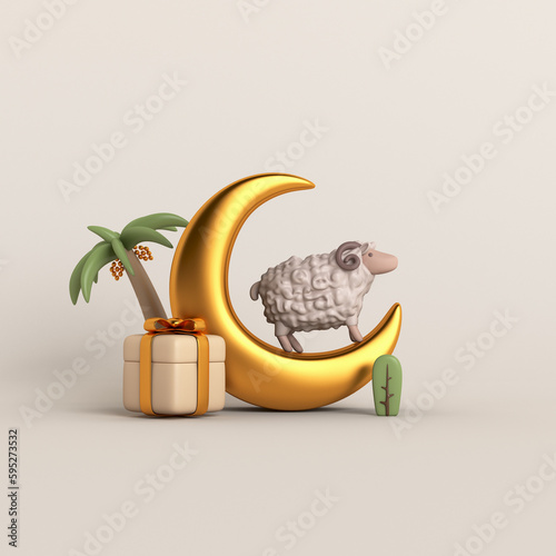 Eid al adha islamic decoration background with goat sheep, crescent moon, gift box, ramadan kareem, mawlid, iftar, eid al fitr, muharram, copy space text area, 3D illustration.