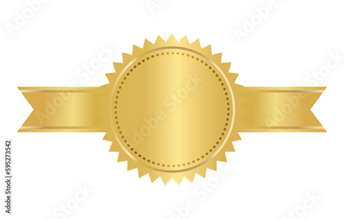 Golden seal with horizontal ribbons isolated on white background vector illustration. Gold award medal, Golden stamp with ribbons isolated on white. Luxury seal. Winner, Trophy, Top Quality concept.