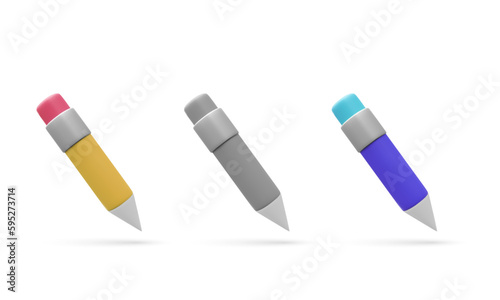 A set of multicolored pencils. Pencil with Rubber eraser, isolated on White background. Pencil with rubber eraser in modern simple flat design.  Vector illustration