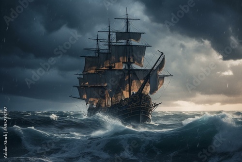 A tall ship battles a tempest amid stormy skies and lightning. Generative AI