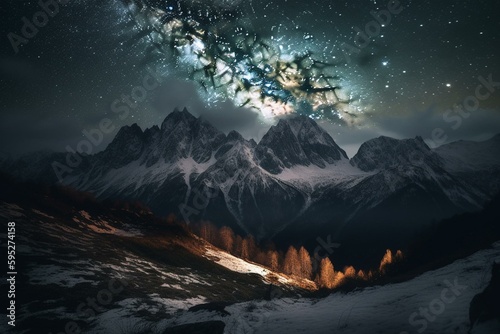 Starry night above majestic peaks. Generative AI