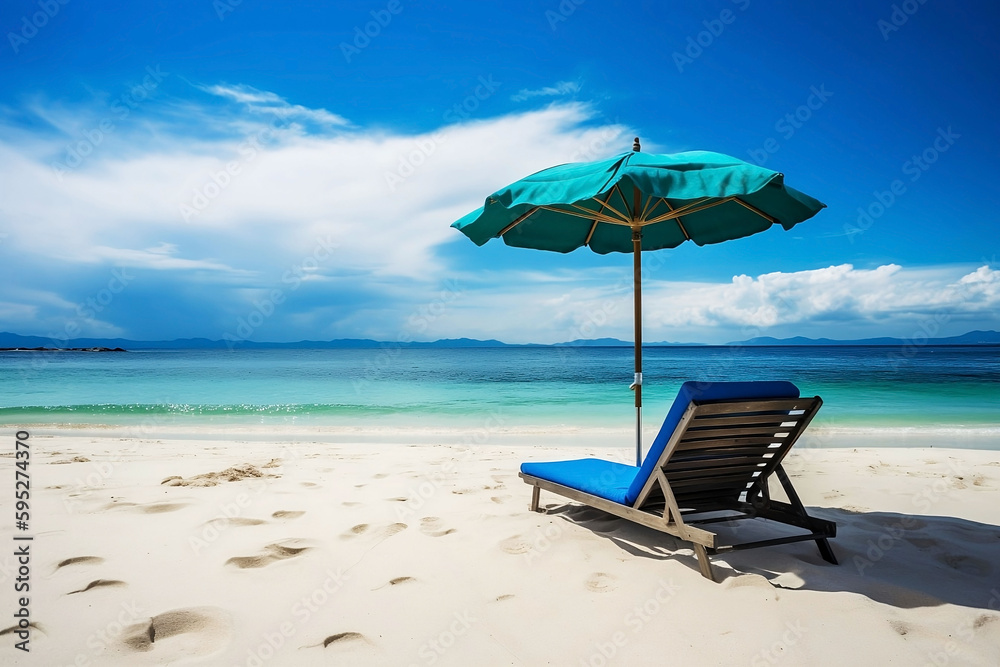 Beach Chair and Umbrella on Sunny Background with Copy Space. Vacation Concept