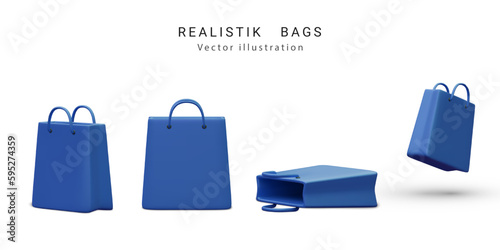 Set of colour blue realistic shopping bags in realistic style. Stylish fashionable bag isolated on white background. 3D Vector illustration
