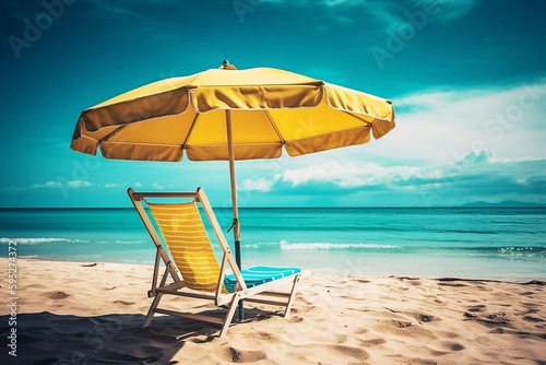 Beach Chair and Umbrella on Sunny Background with Copy Space. Vacation Concept © Thares2020