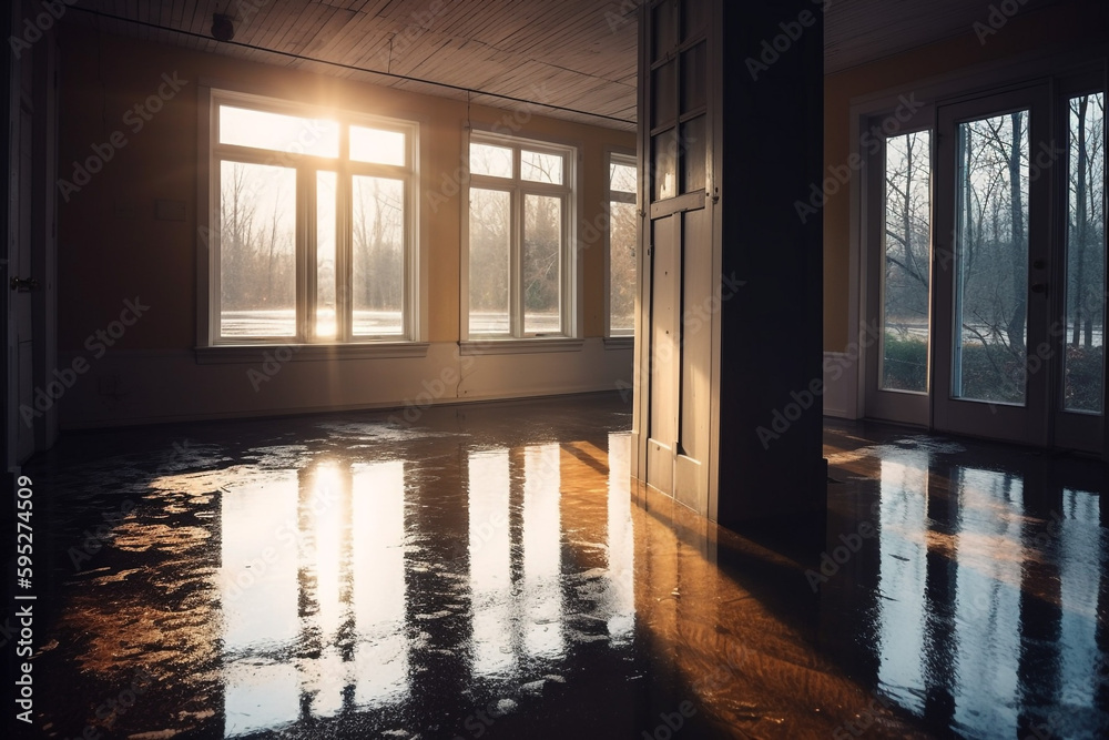 Interior of a building damaged and still containing some water post flooding.