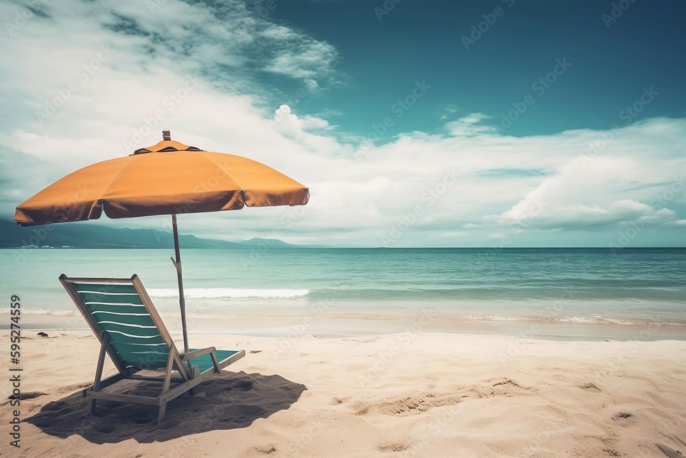 Beach Chair and Umbrella on Sunny Background with Copy Space. Vacation Concept