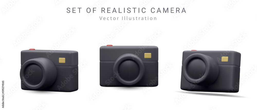 Set of 3d realistic render black camera with shadow isolated on white background. social media concept .Vector illustration 3D Set of 3d realistic render black camera with shadow isolated on white background. social media concept .Vector illustration 3D