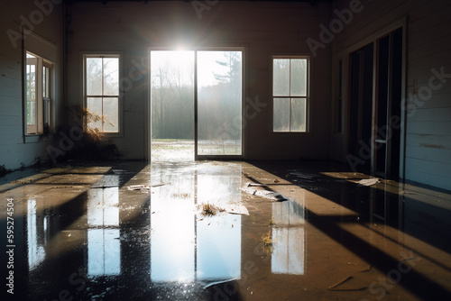 Interior of a building damaged and still containing some water post flooding.